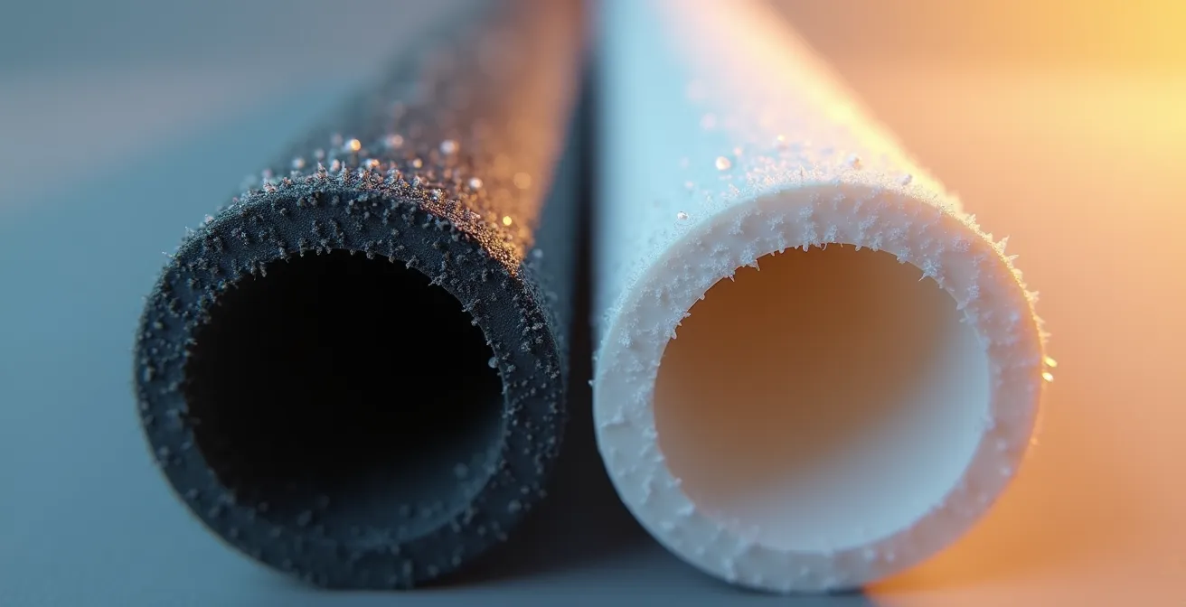 Close-up comparison of ABS and PVC pipes showing thermal stress patterns
