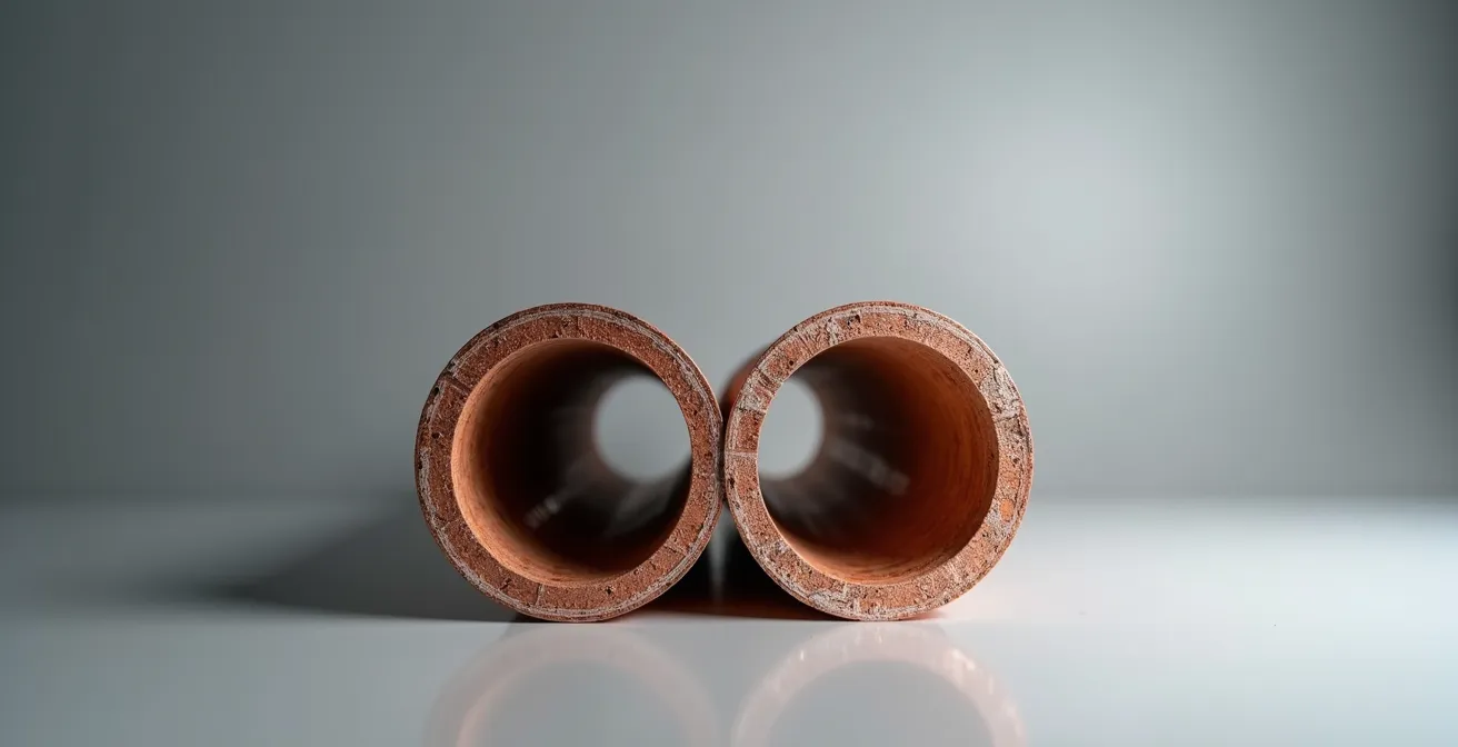 Side-by-side comparison of aged copper pipe with mineral deposits and clean PEX pipe interior