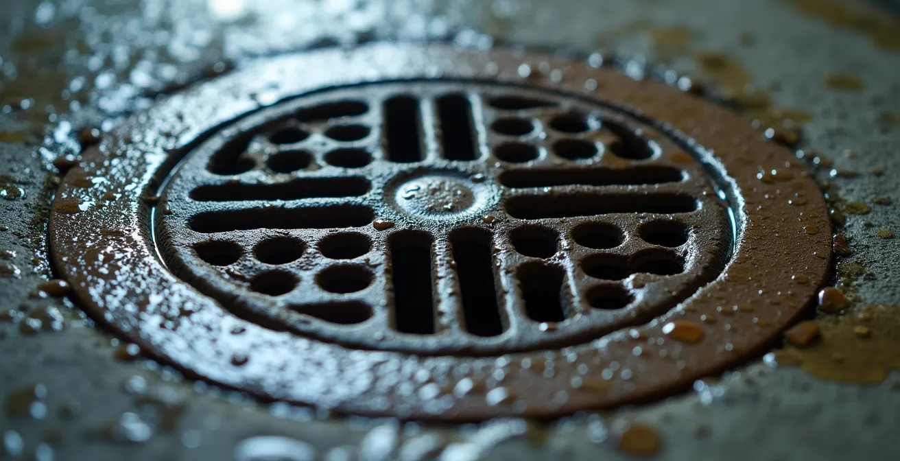Close-up view of basement floor drain showing water level indicators