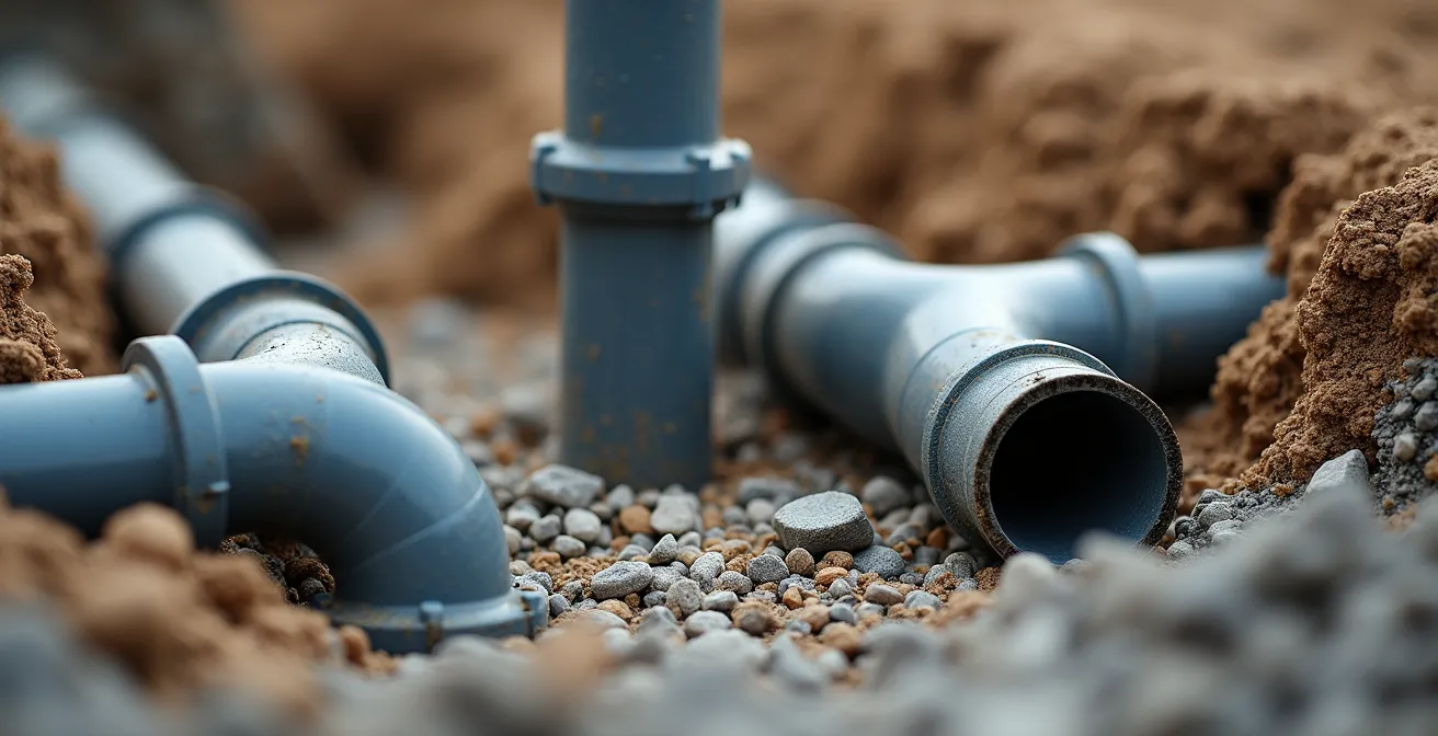 Underground plumbing pipes positioned before concrete slab pour in basement construction