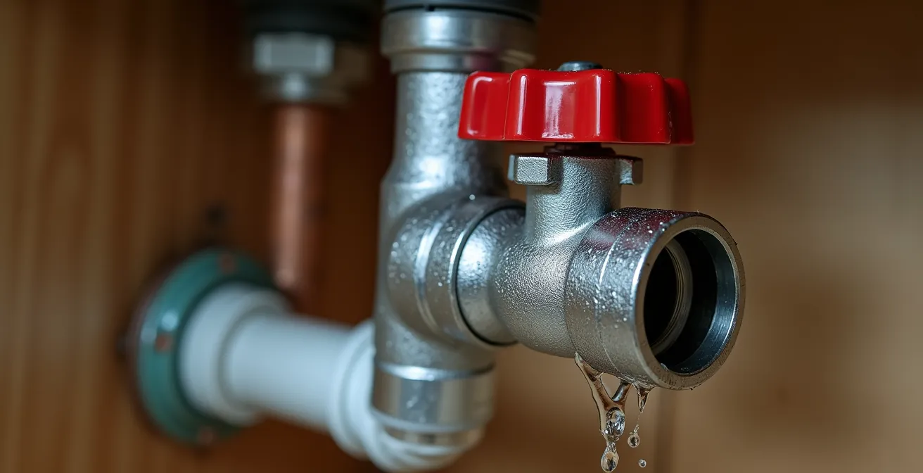 Macro detail of plumbing shut-off valve under bathroom sink showing quarter-turn ball valve