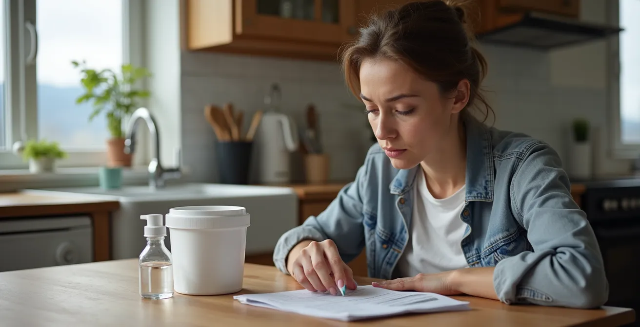 A concerned Quebec homeowner at a kitchen table examining water quality test results from a kit.