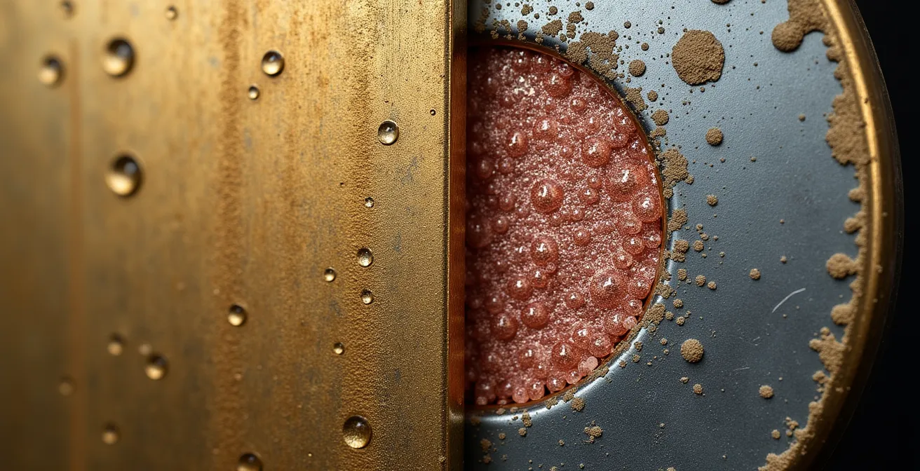 Macro shot comparing healthy brass versus dezincified pink brass surface