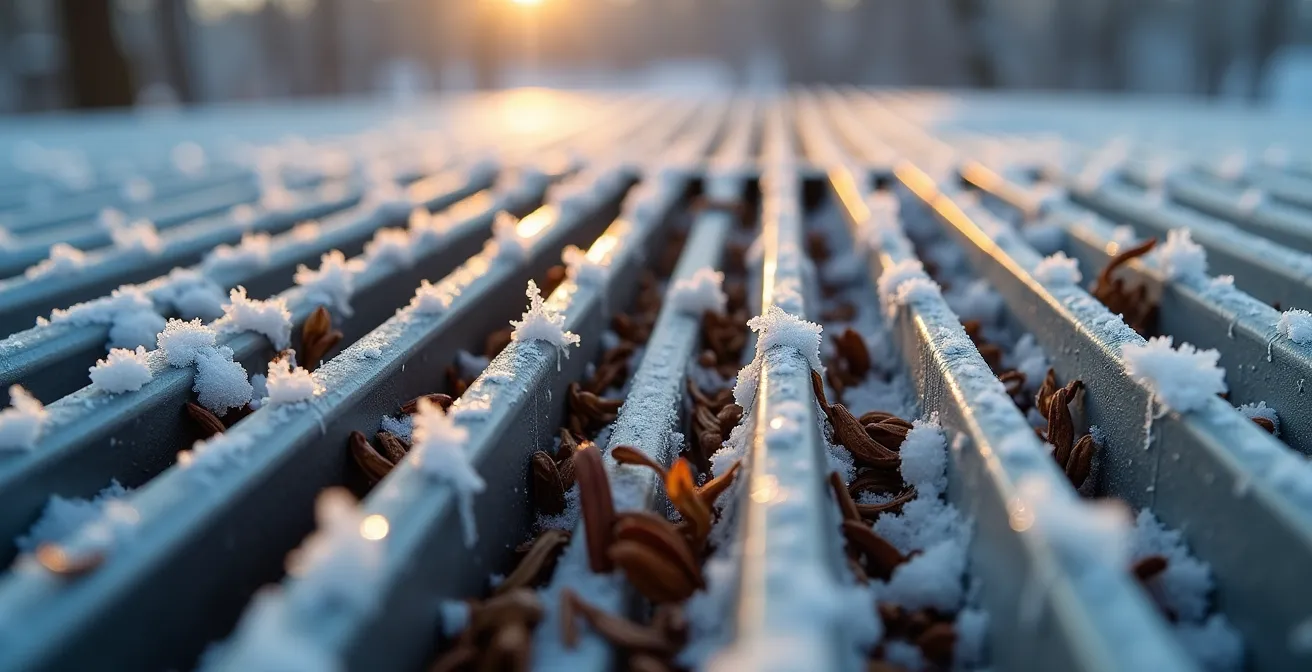 Macro view of dirty outdoor heat pump coil covered in frost and debris typical of Quebec winter conditions