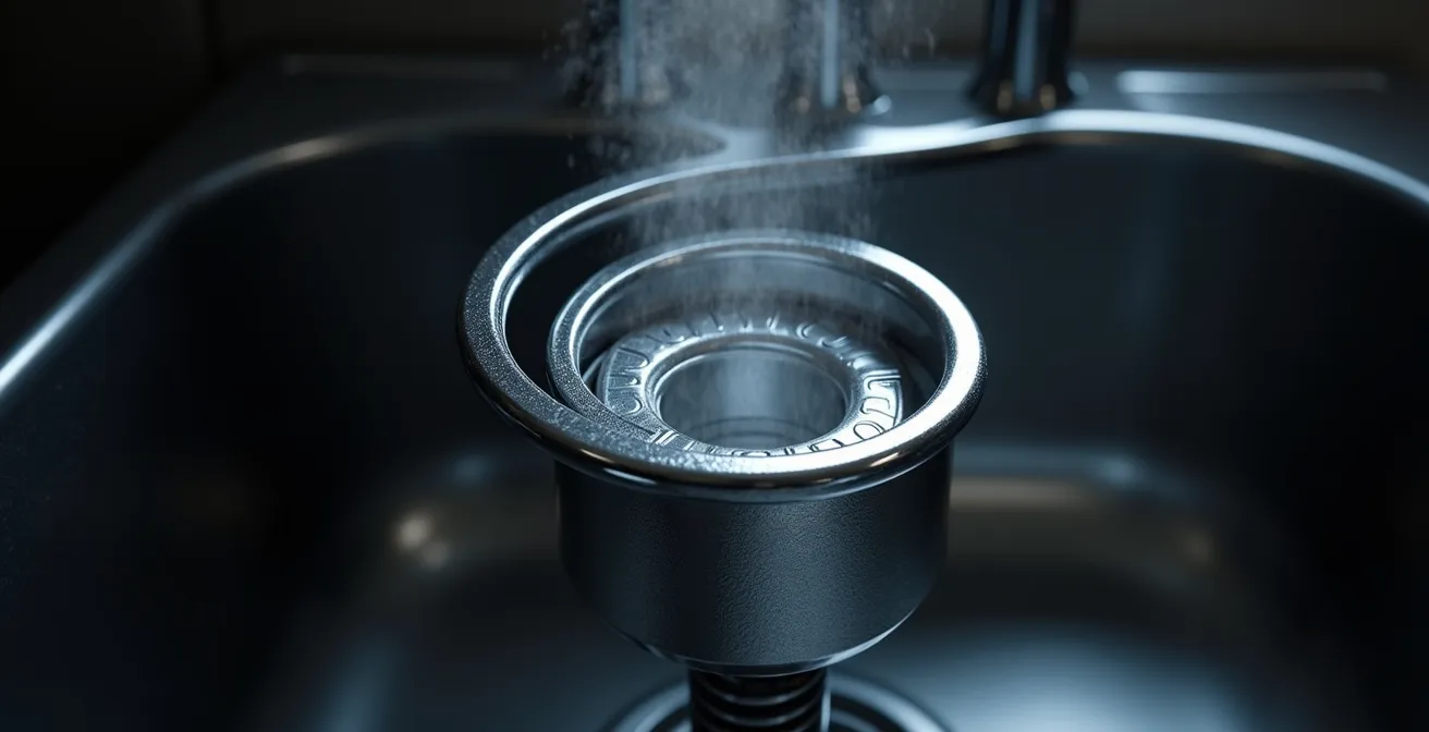 Cross-section view of a dried P-trap in a Quebec basement, showing the evaporated water seal.