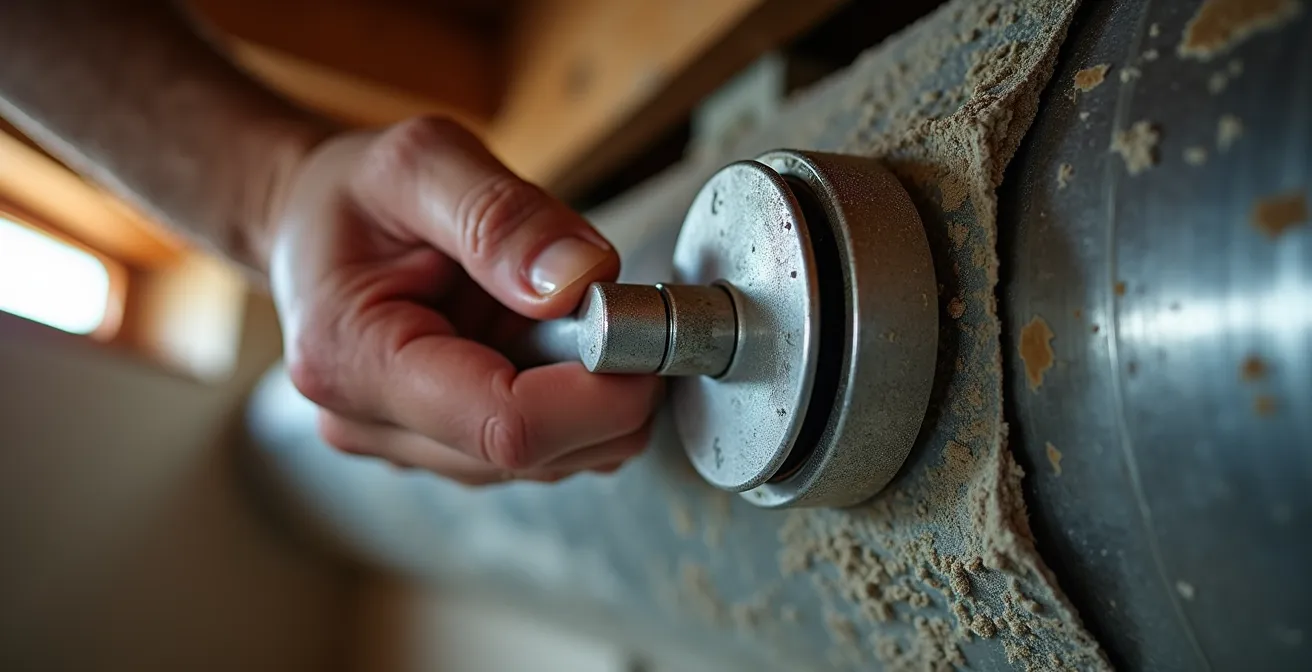 Homeowner adjusting heating dampers in basement ductwork