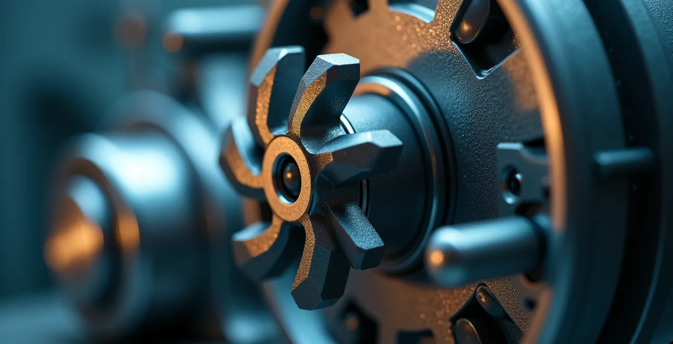 Extreme close-up of ECM pump internal mechanism showing anti-seizure technology protecting against summer mineral buildup