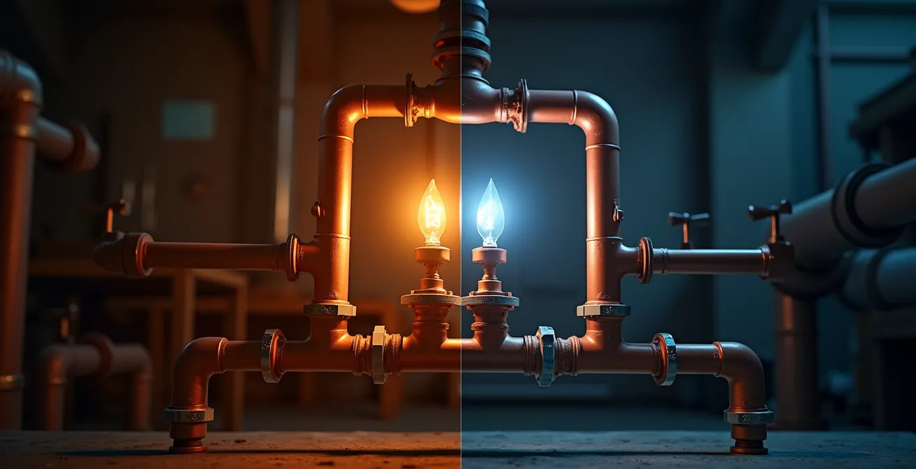 Visual comparison showing dramatic energy consumption difference between traditional and ECM circulator pumps in residential heating