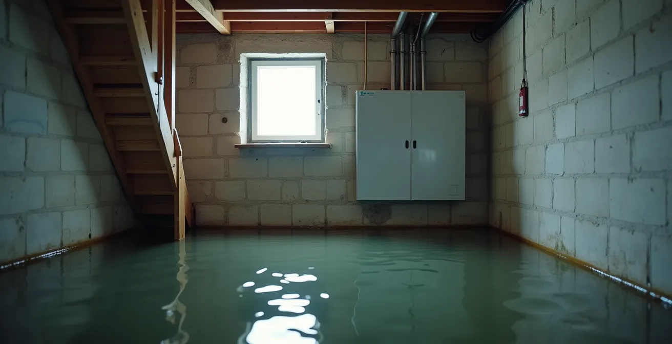 Wide shot of flooded Quebec basement with electrical panel visible on wall above water line