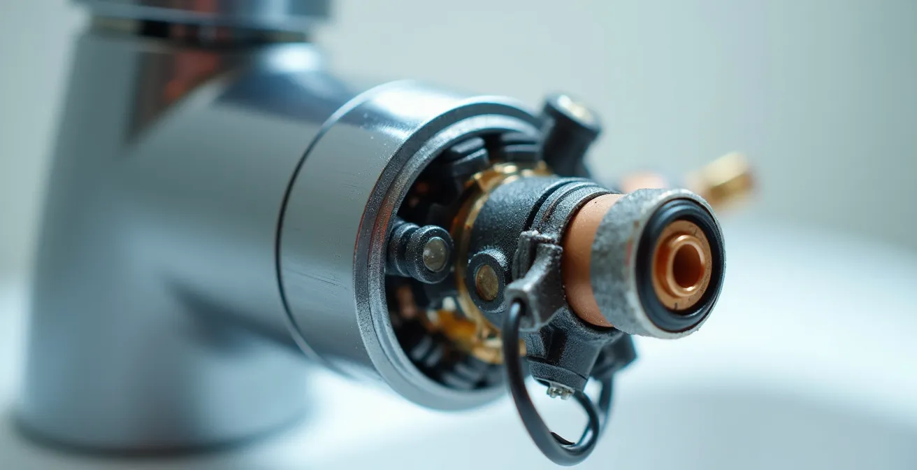 Macro view of electronic faucet internal components showing a solenoid valve and sensor assembly.