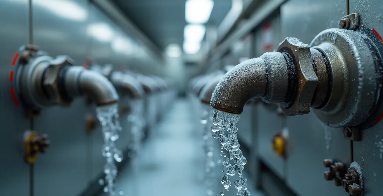 Close-up view of an emergency eyewash station with thermostatic mixing valve in industrial setting