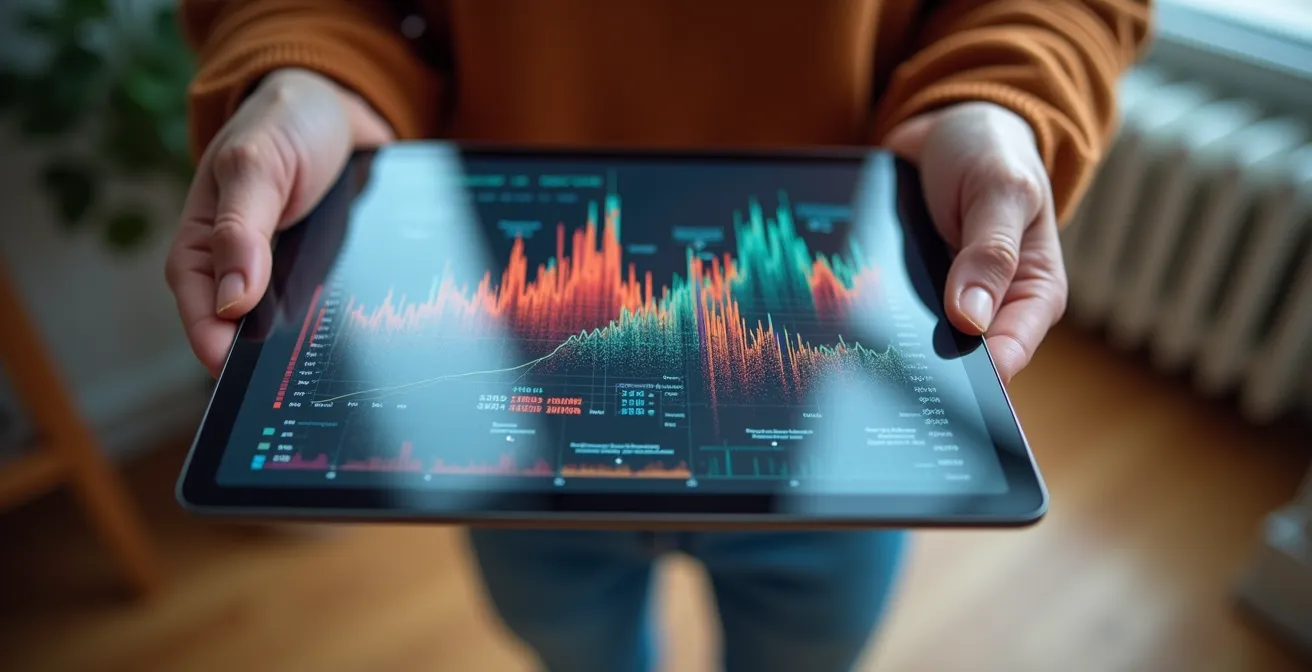 Detailed view of energy consumption data analysis on a tablet