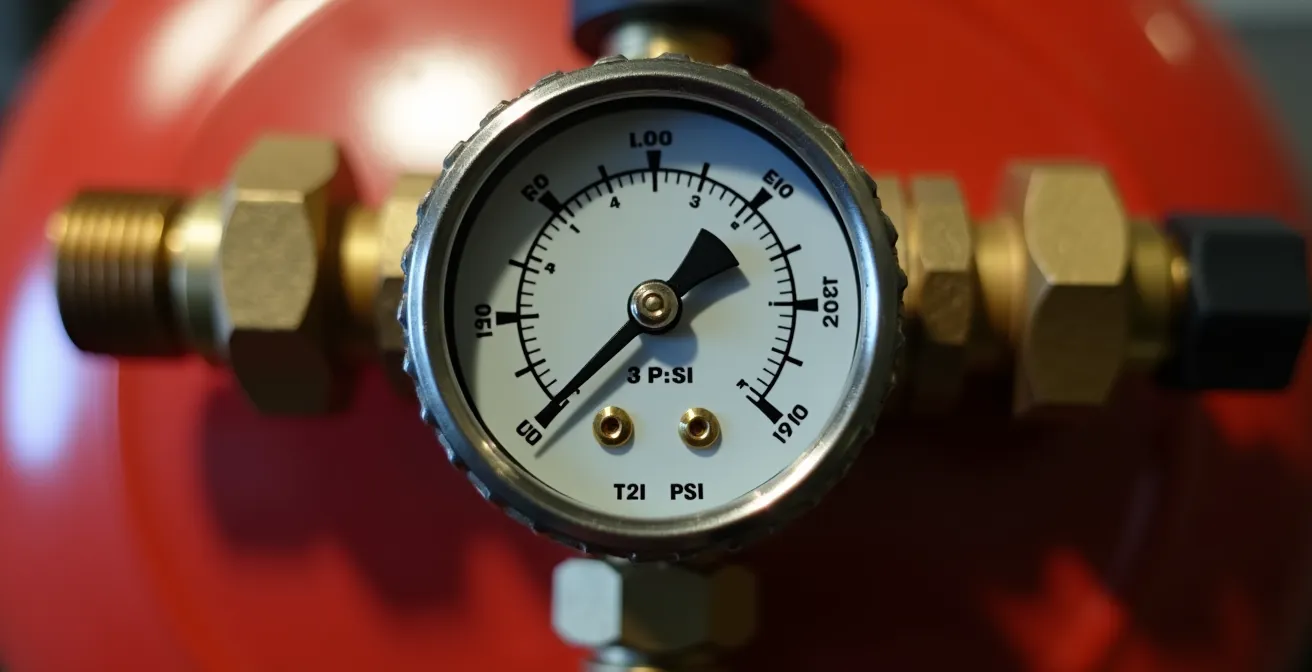 Close-up of pressure gauge and air valve on heating system expansion tank