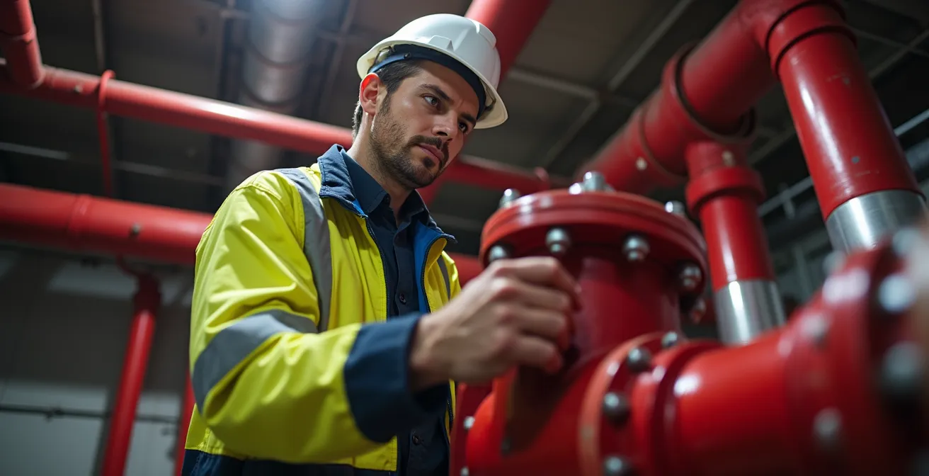 Wide angle view of commercial building sprinkler system piping with backflow preventer installation