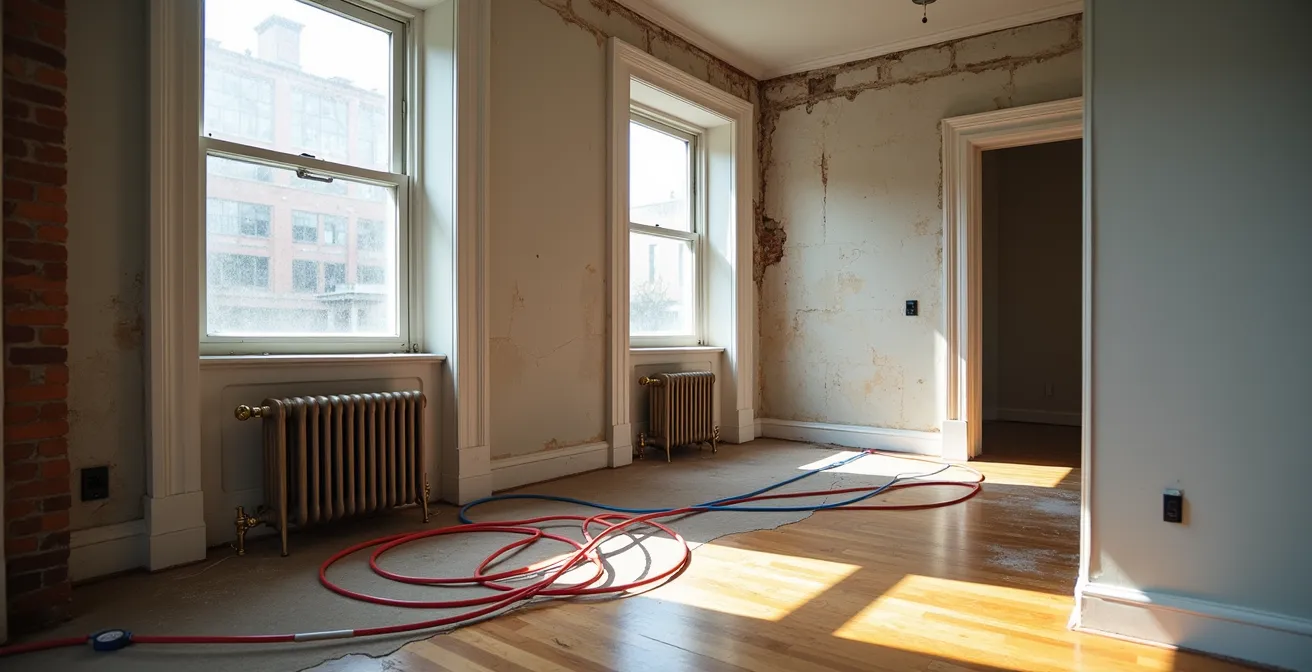 Wide angle view of PEX tubing being fished through century-old plaster walls in a Montreal triplex renovation