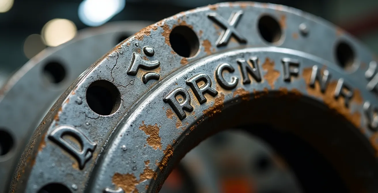 Close-up macro shot of industrial flange with CRN marking patterns