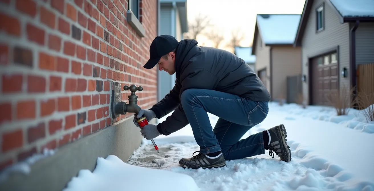 Professional installation of a frost-proof outdoor faucet on a Quebec home's brick exterior wall