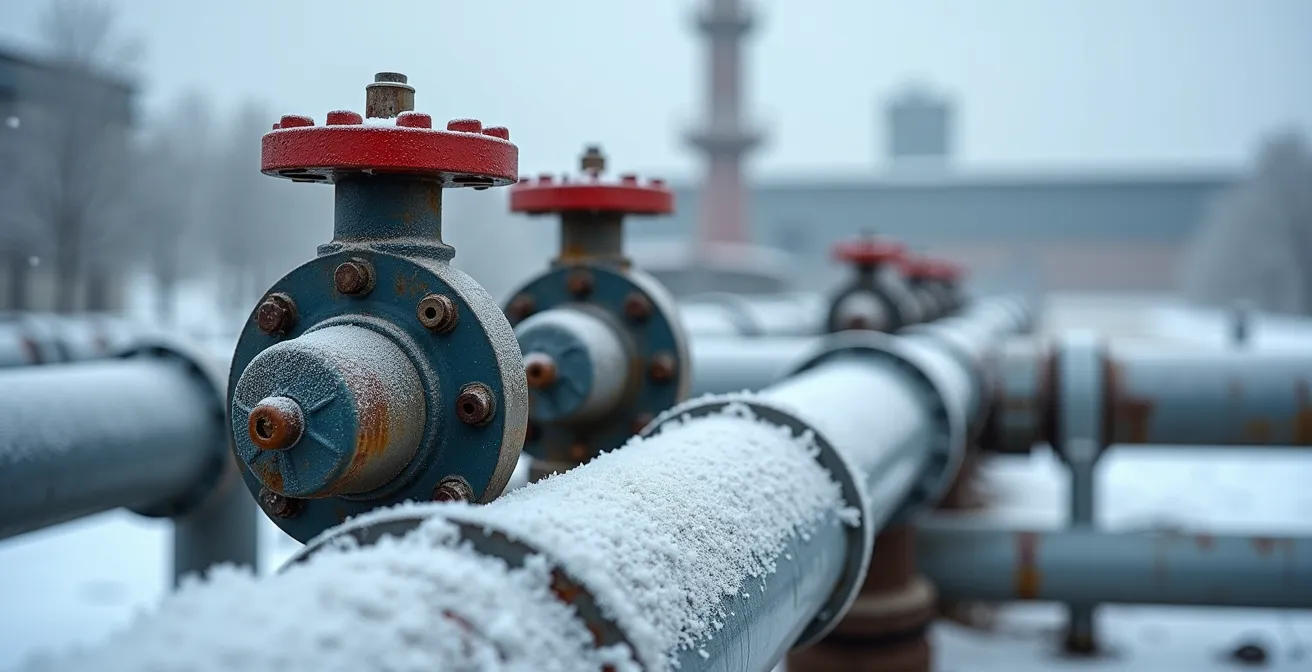 Industrial valves covered in frost and ice in Quebec winter conditions