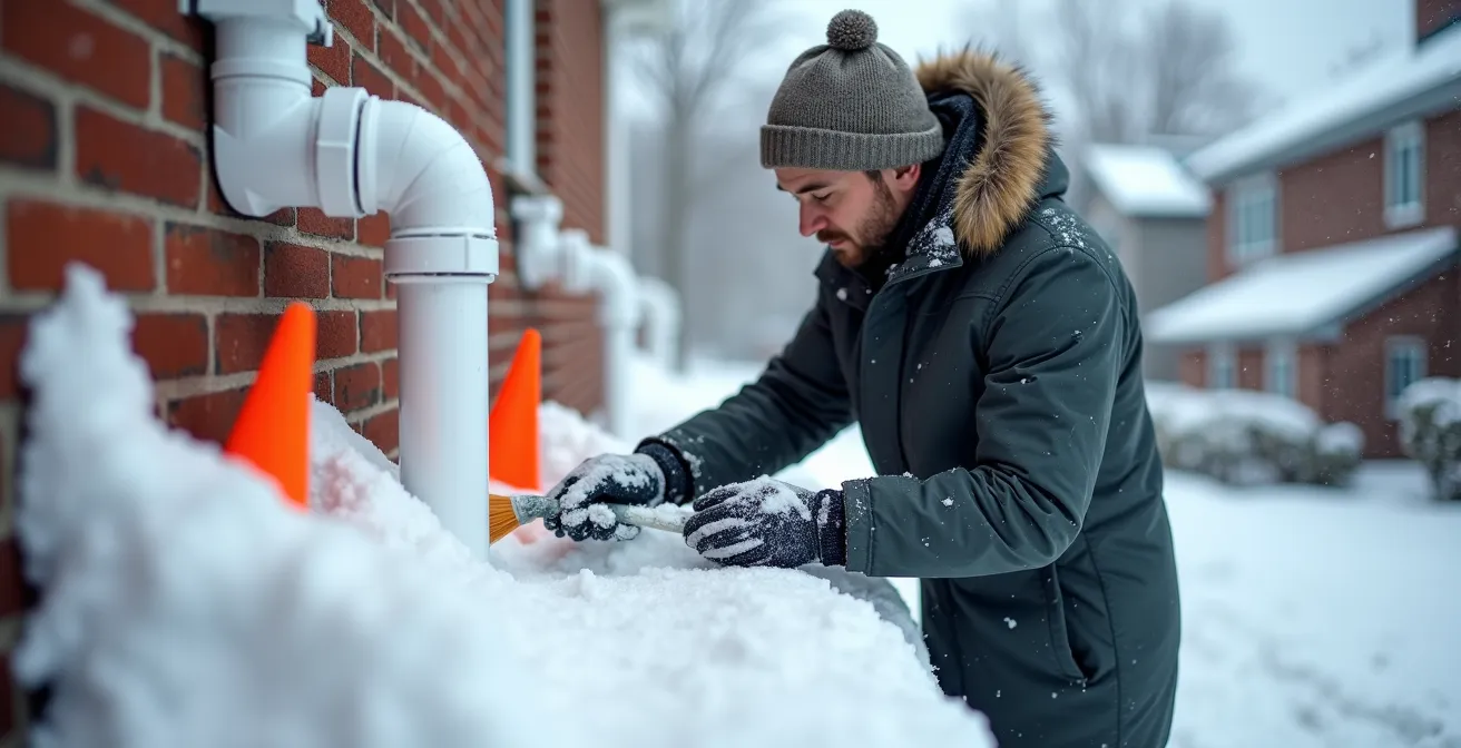 Exterior view of PVC furnace intake and exhaust pipes with proper snow clearance markers in winter