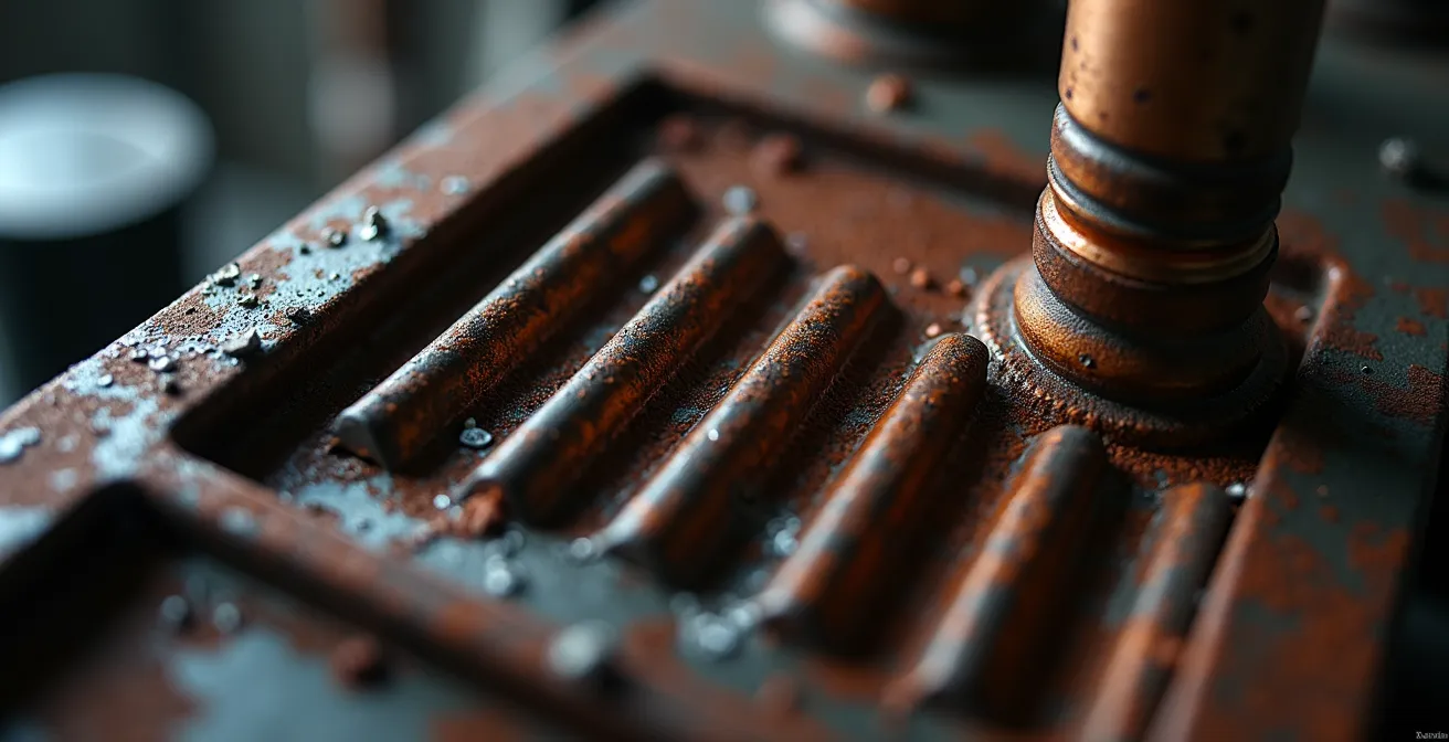 Close-up view of furnace components showing age and wear indicators