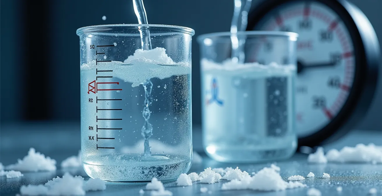 Close-up macro view of propylene glycol and water mixture showing viscosity difference at cold temperatures