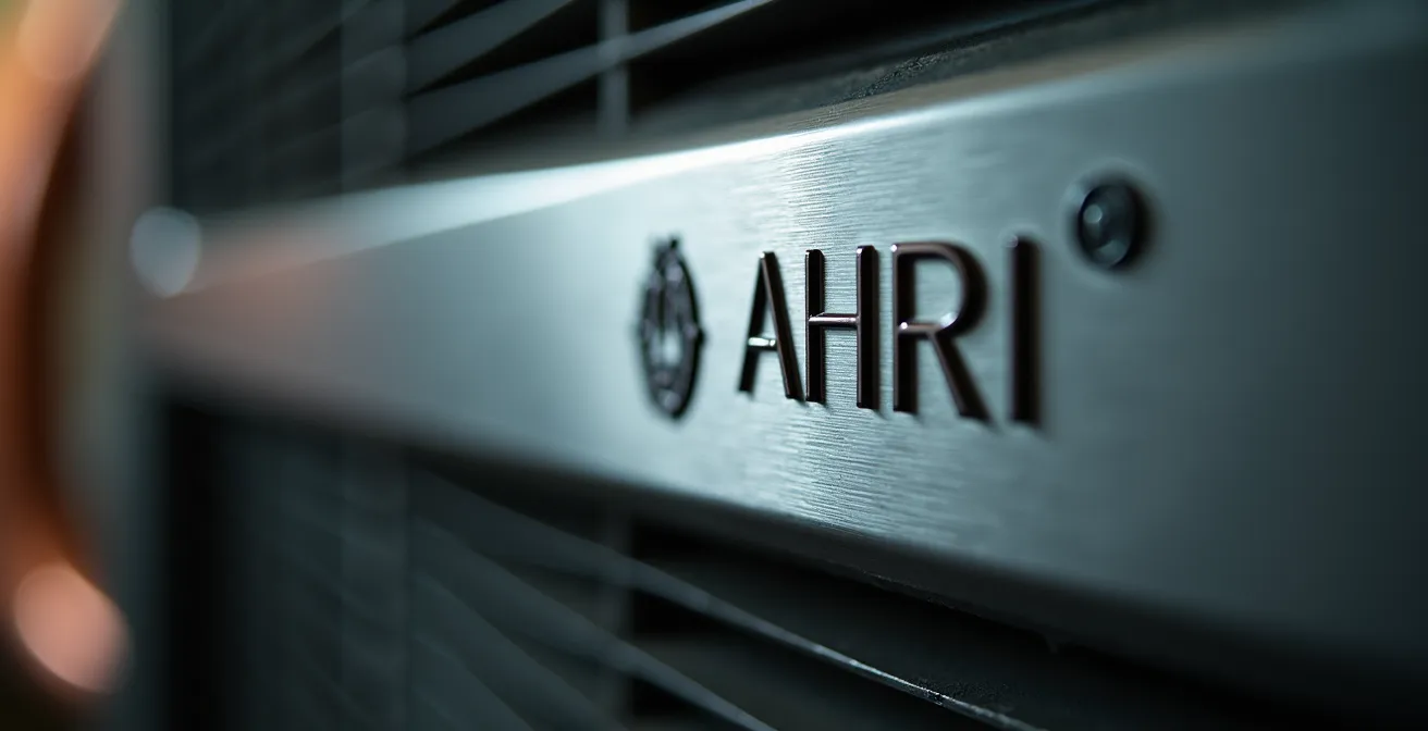 Macro shot of heat pump specification label showing AHRI certification details