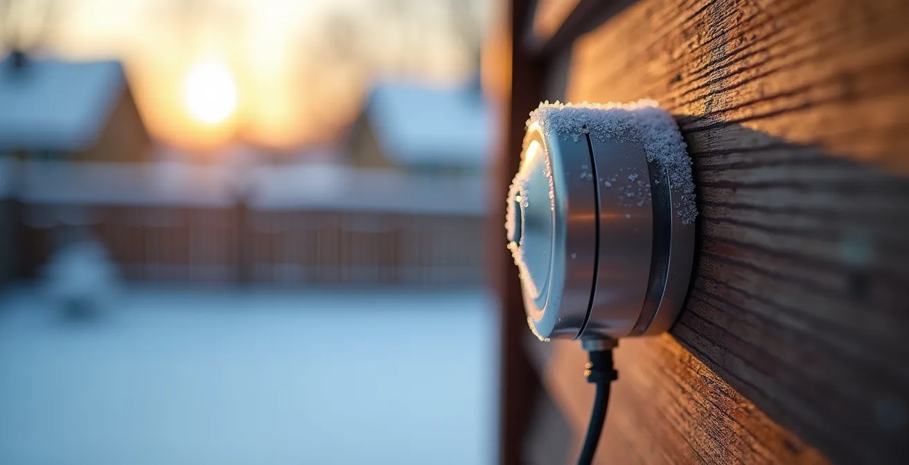 Heat pump outdoor sensor mounted on Quebec home exterior wall measuring winter temperature