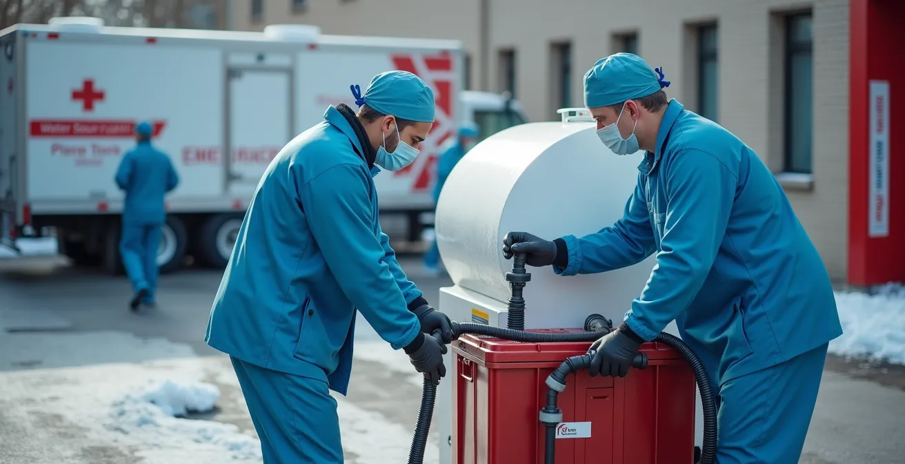 Emergency water supply system being set up by healthcare workers in a winter hospital setting.
