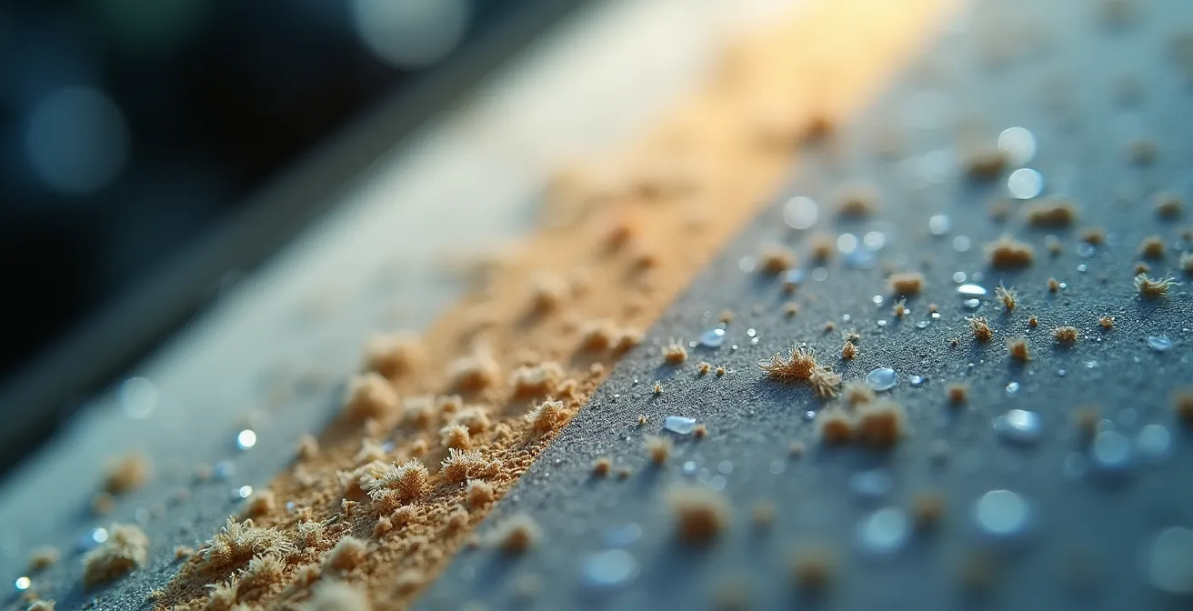 Close-up view of HRV filter maintenance showing accumulated dust and proper cleaning technique