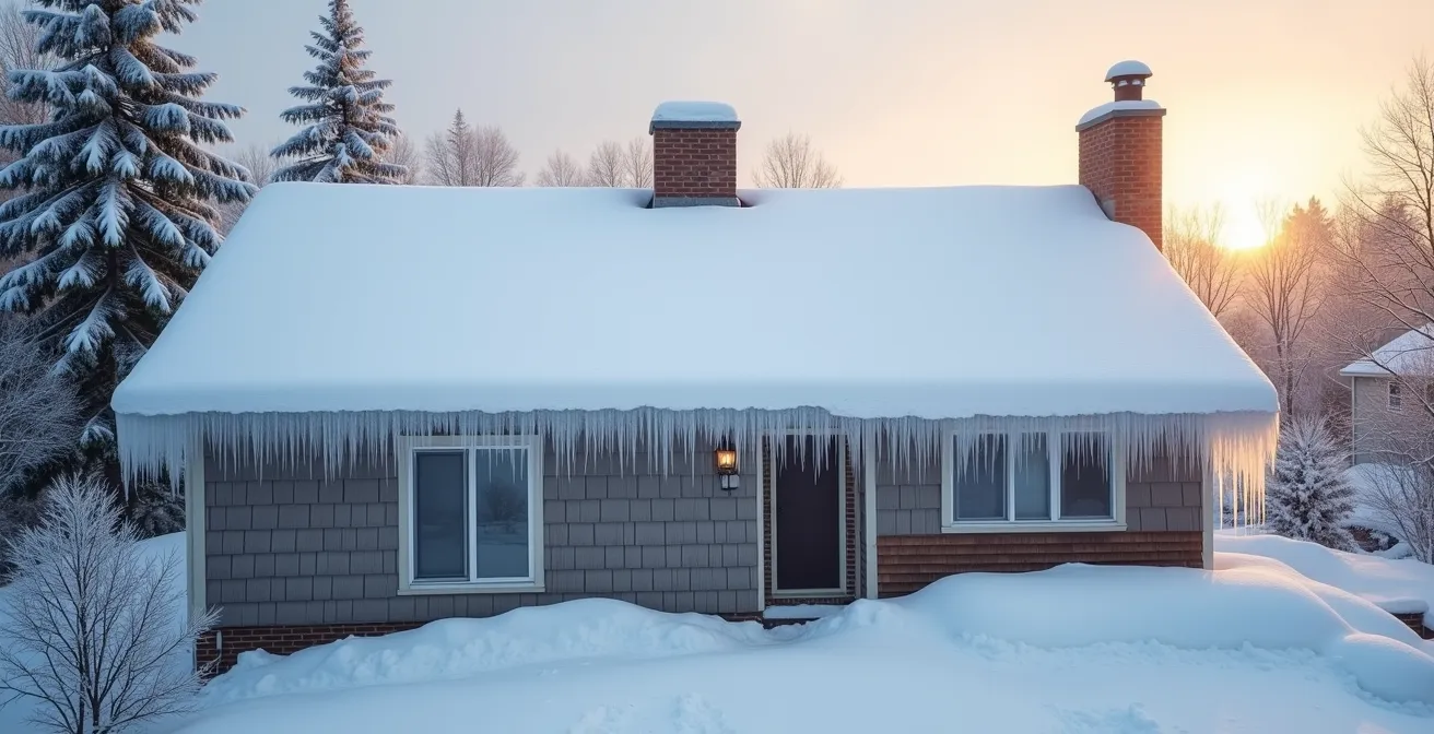 Wide shot of Quebec home roof showing ice dam formation and proper ventilation system