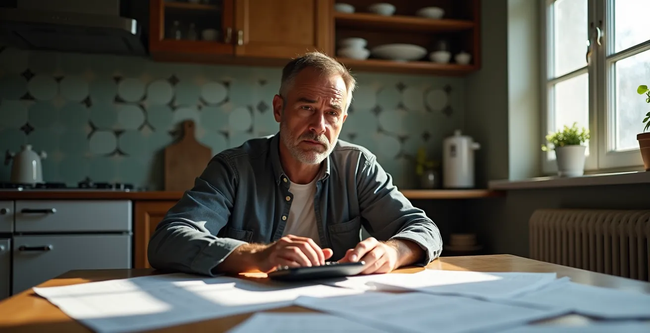 Homeowner reviewing insurance documents and repair cost estimates at kitchen table