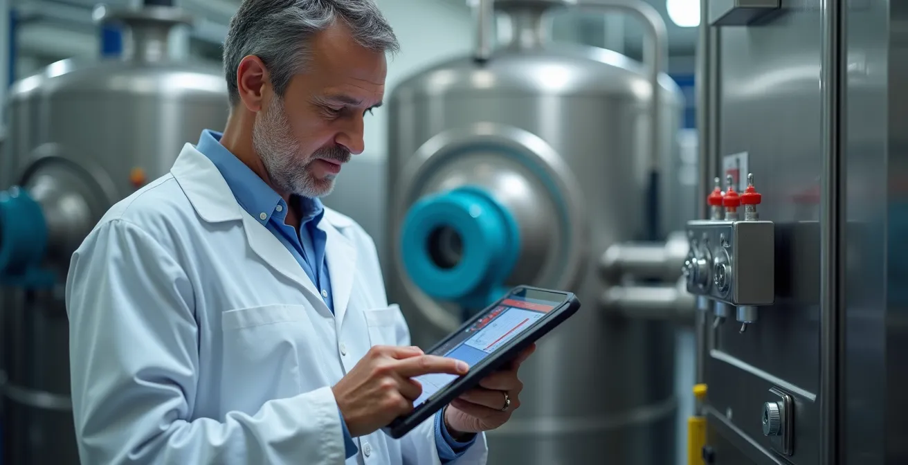 Human technician examining IoT sensor on industrial sanitary pump