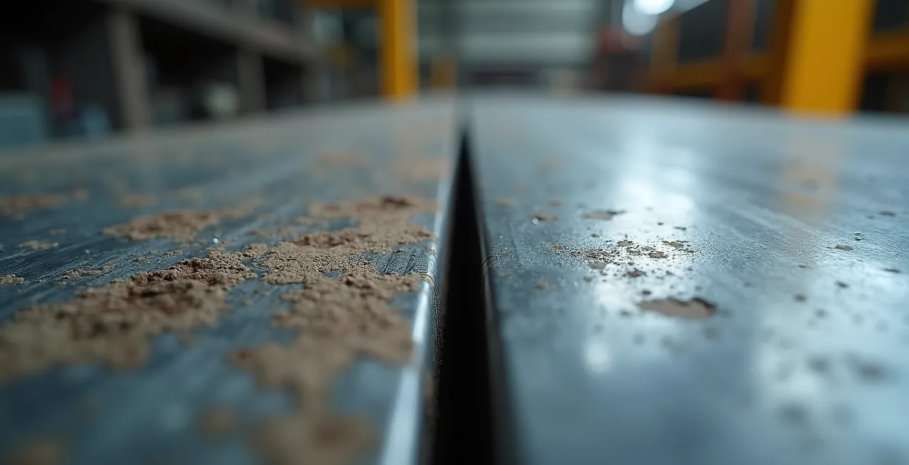 Extreme close-up showing contrast between corroded 304 steel surface and pristine 316L surface after chloride exposure