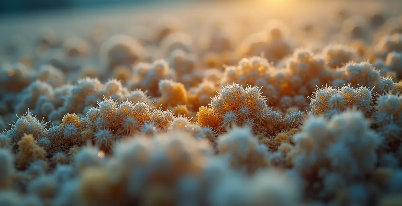 Extreme close-up of septic filter fibers clogged with organic matter and wipe residue.