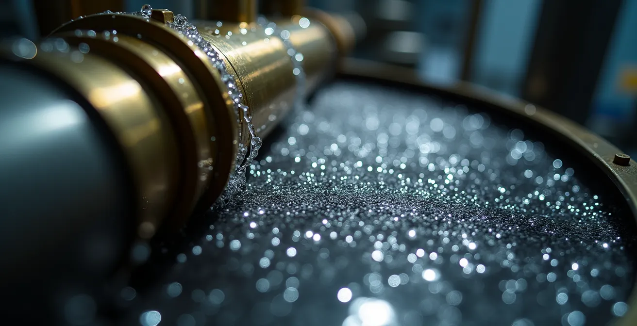 Detailed cutaway view of microbubble air separator showing internal mesh structure and air collection chamber