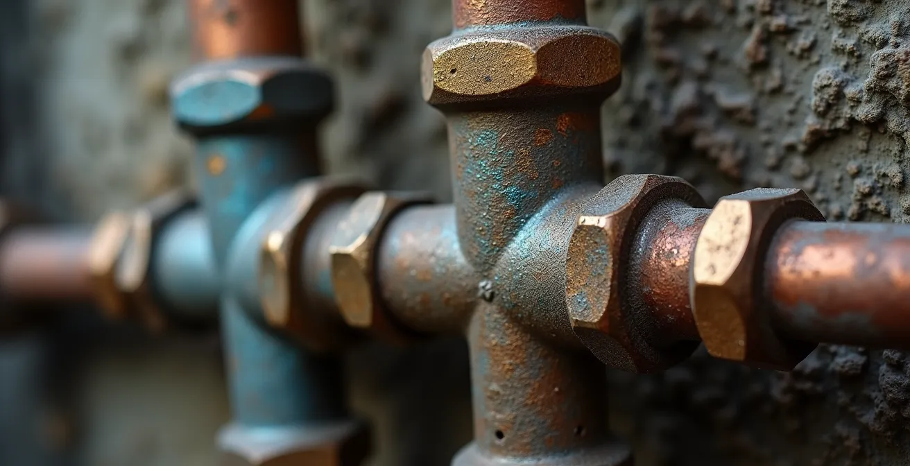 Close-up inspection of oil tank fittings in Quebec basement during winter