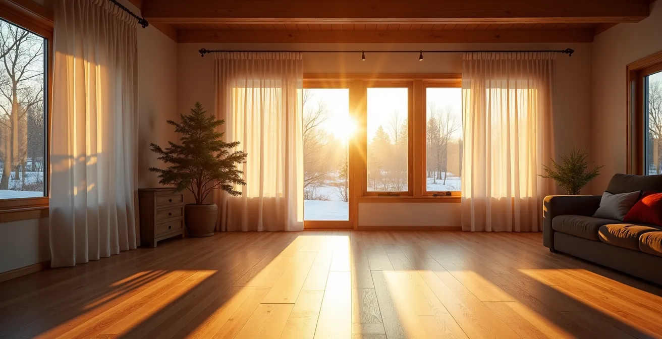 Wide interior view of Quebec home showing strategic curtain placement for passive solar heating