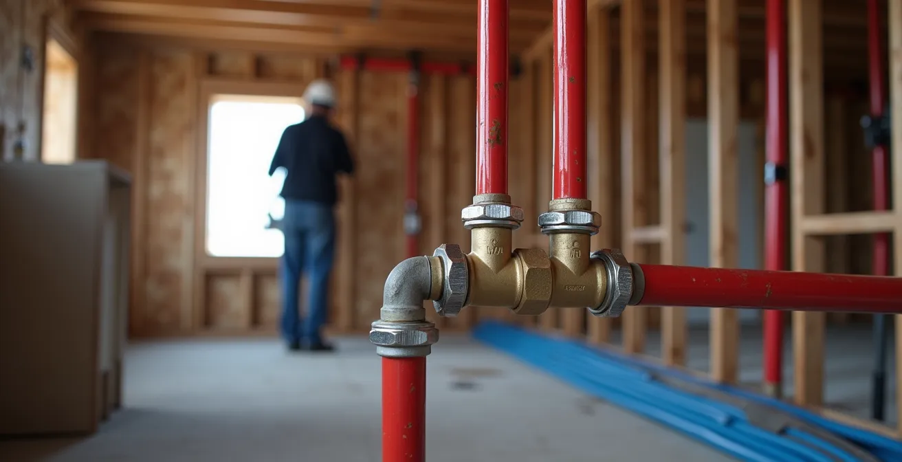 Wide shot of a PEX manifold system neatly installed during the construction of a new home in Quebec.