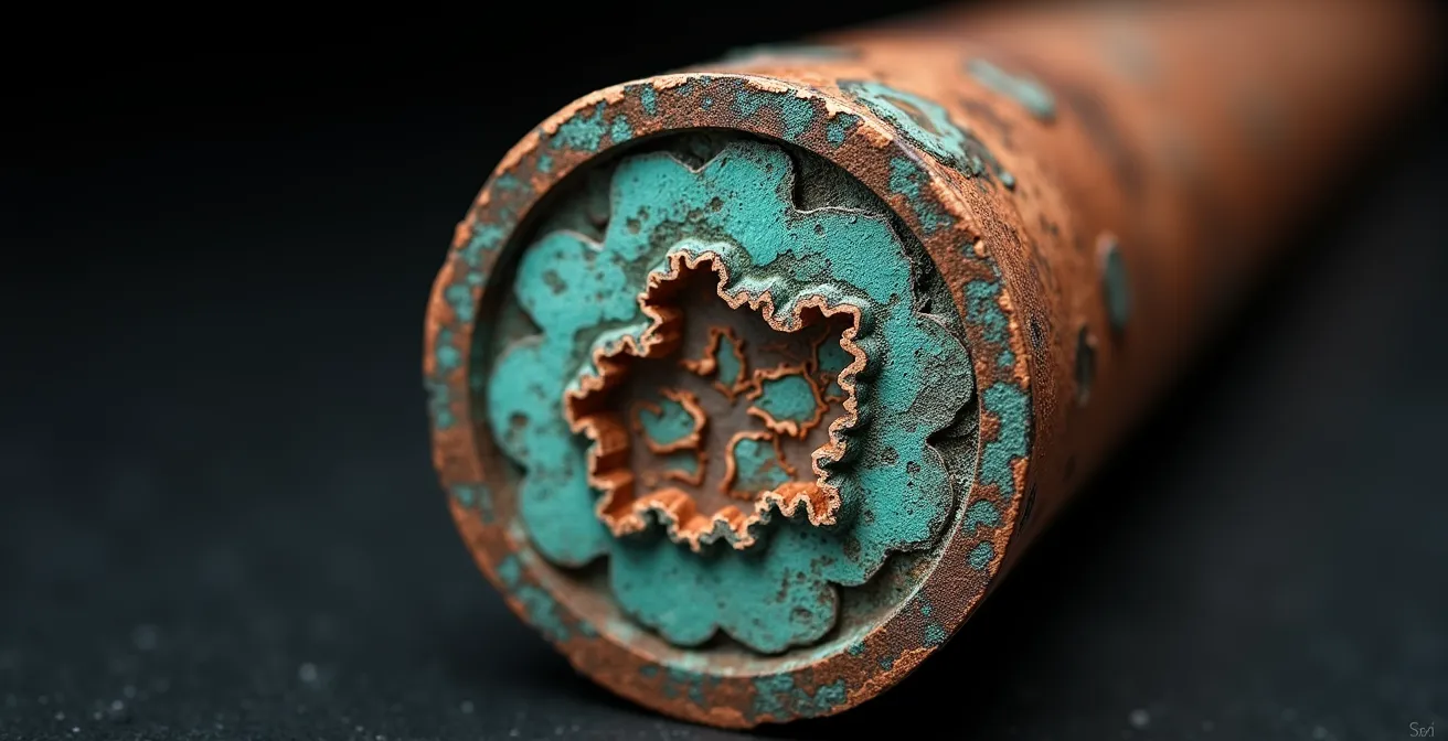 Macro view of pitting corrosion in copper pipe cross-section