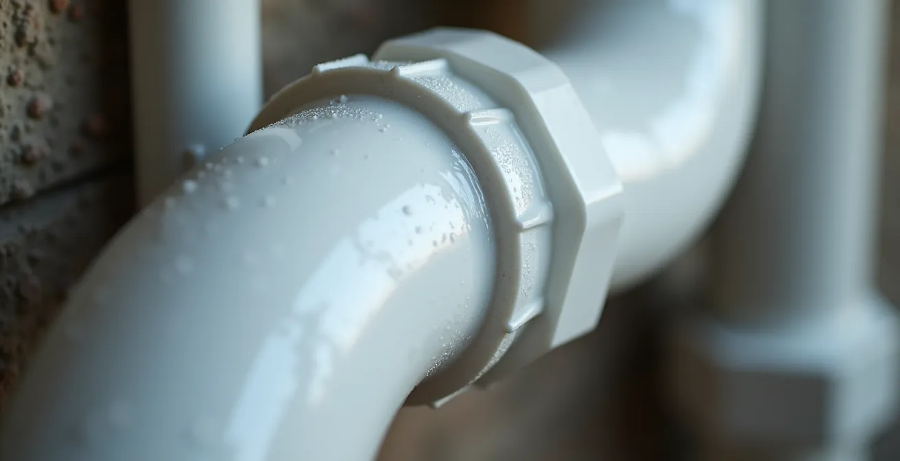 Close-up view of white PVC exhaust pipes connected to a high-efficiency gas furnace in a residential basement