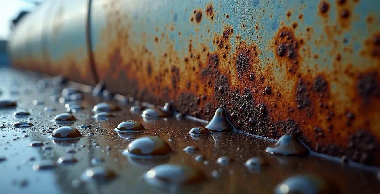 Close-up view of condensation forming on oil tank bottom in cold Quebec basement