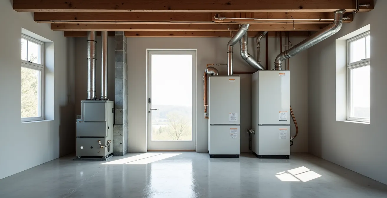 Wide view of Quebec basement showing transition from old oil system to new dual-energy setup