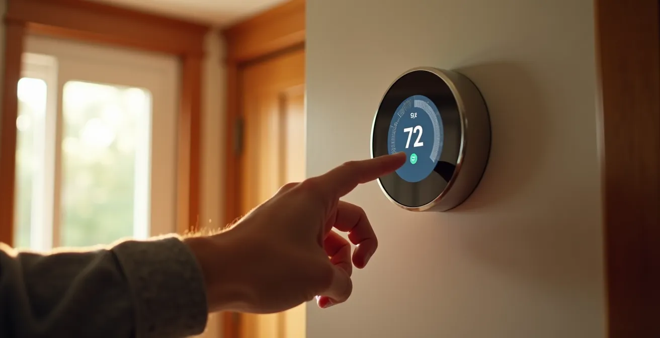 Modern smart thermostat mounted on wall controlling basement radiant floor heating system