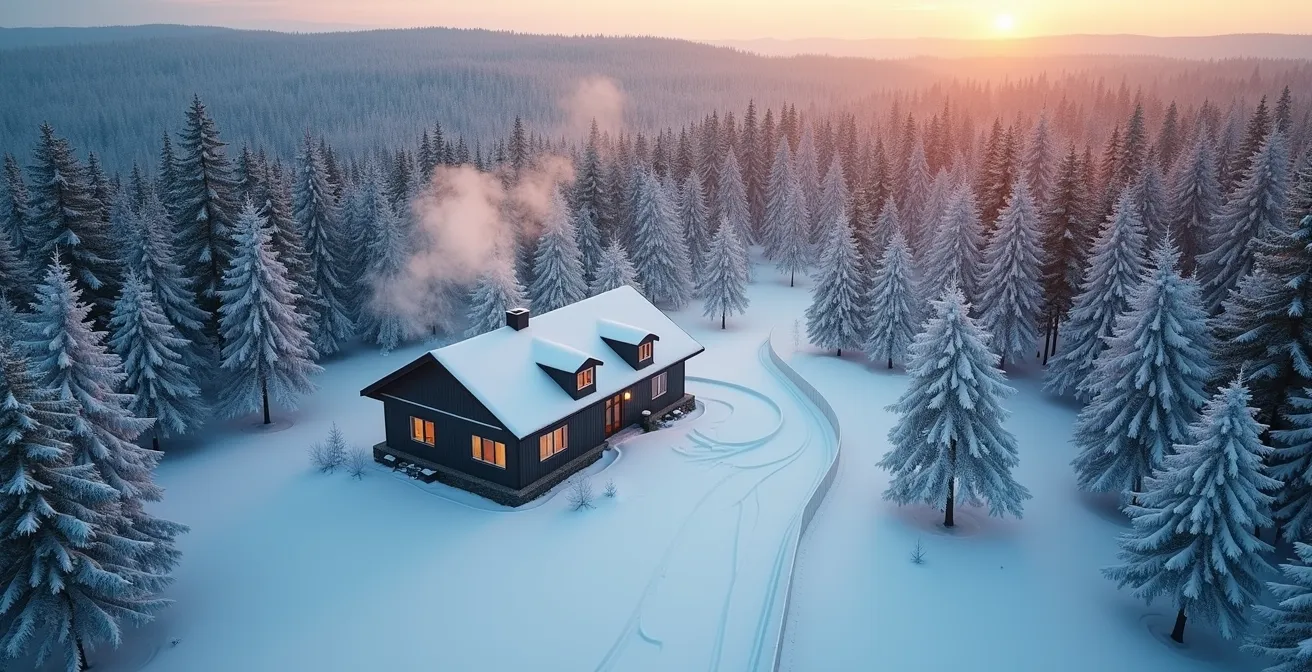 Aerial view of a Quebec cottage in winter showing connectivity challenges