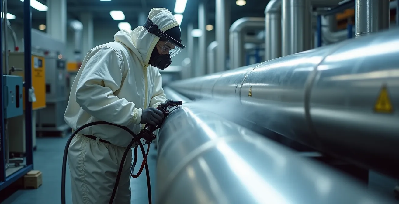 Industrial worker in protective equipment applying passivation treatment to large diameter stainless steel pipes
