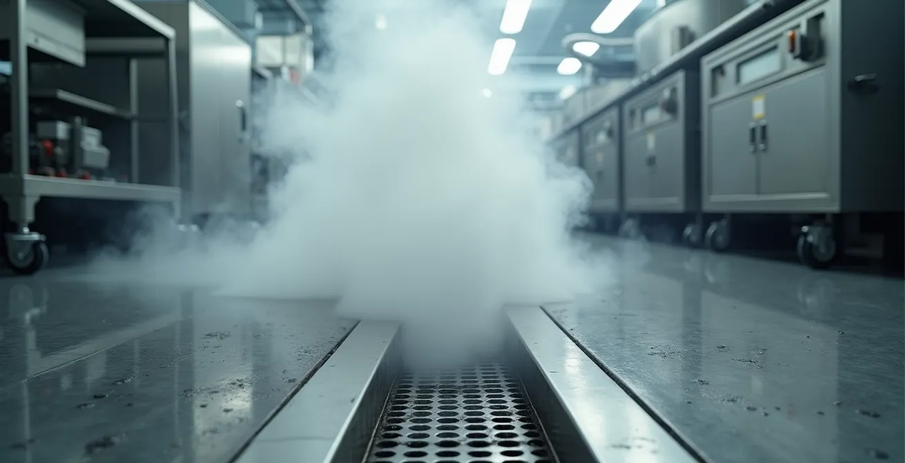 High-temperature steam jet cleaning a gleaming stainless steel trench drain in food processing facility