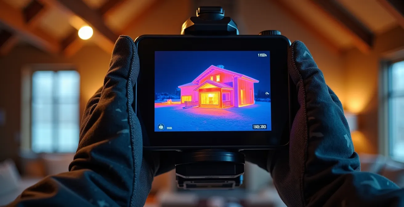 Macro view of thermal camera screen showing blue cold zones in corner junction of Quebec home