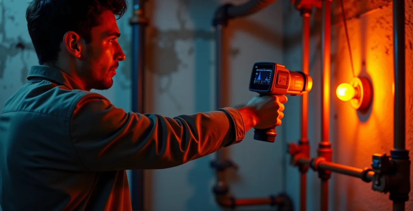 Technician using thermal imaging camera to detect hidden water leaks behind condo walls