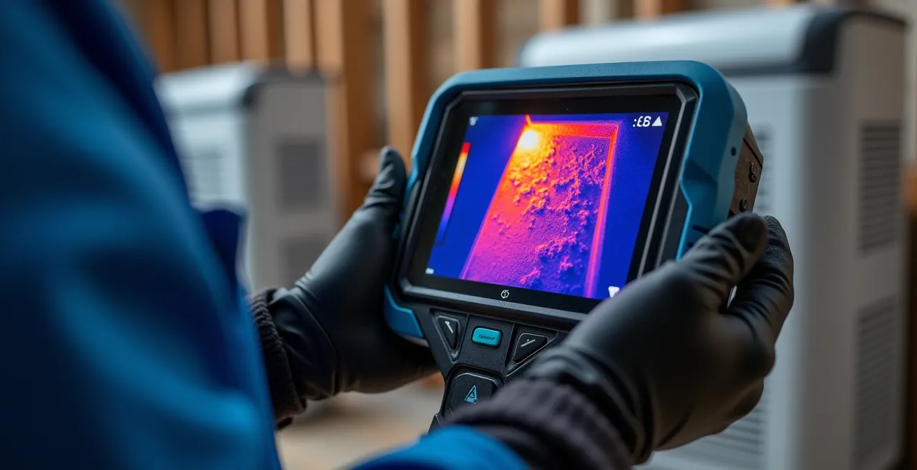 IICRC technician using thermal camera to detect moisture behind walls