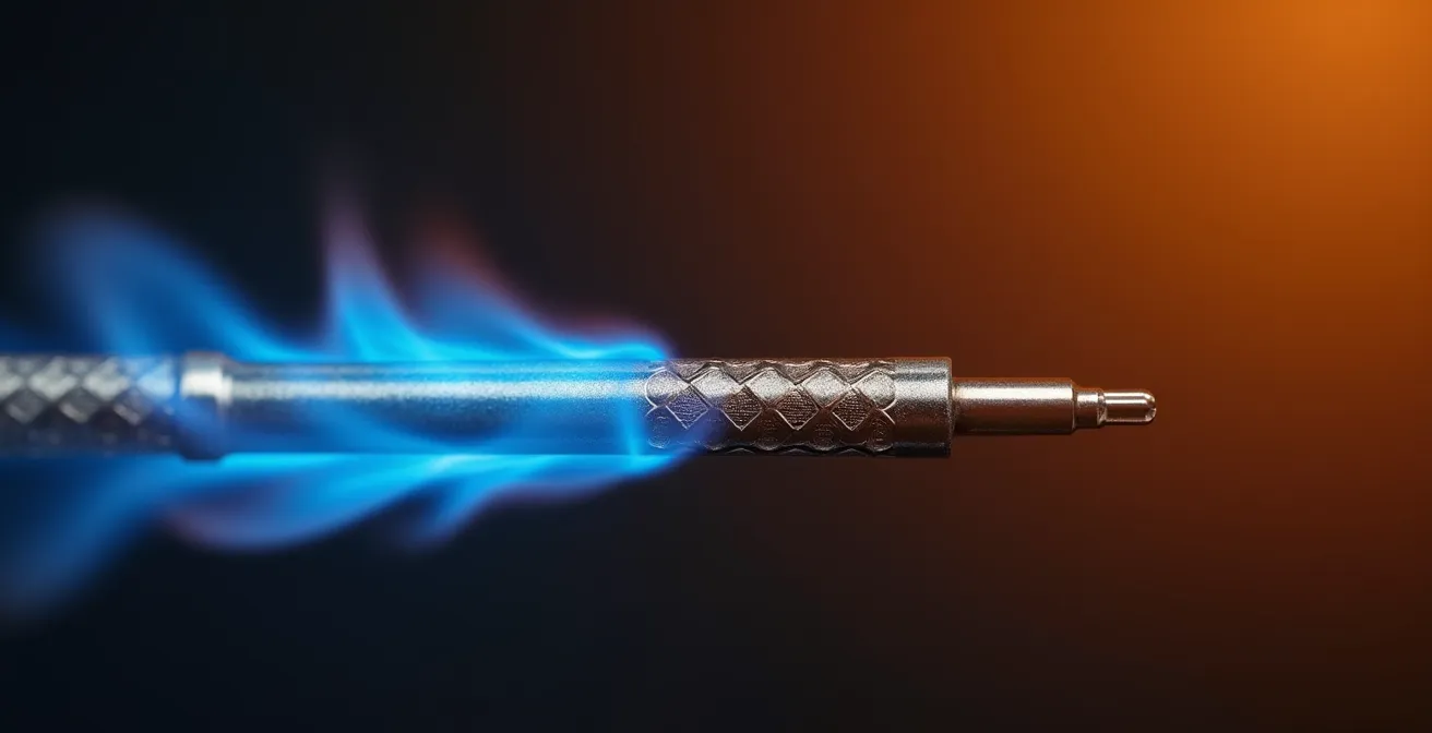 Extreme close-up of thermocouple tip generating electricity from pilot flame heat